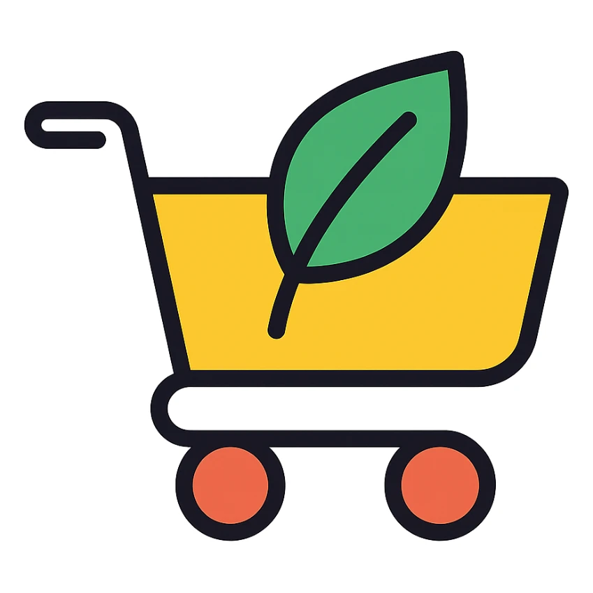 shopping cart with a tea leaf motif, clean and modern ecommerce icon sticker