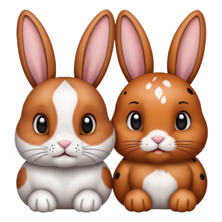 2 bunnies, 1 with brown and black spotted ears 1 with one split ginger and black ear and one spotted sticker