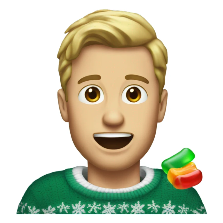 White guy in eagles Christmas sweater eating a gummy sticker