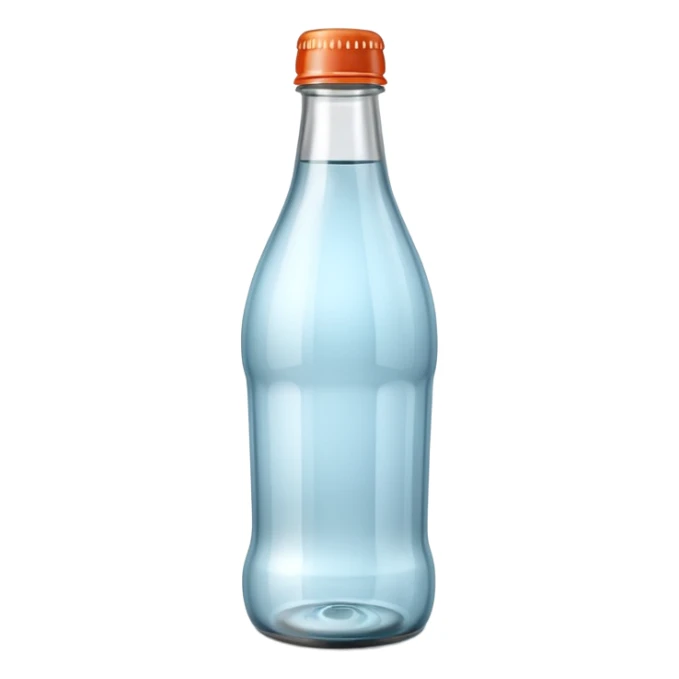 A 3D Apple-style empty soda bottle emoji, classic transparent glass with a narrow neck, no liquid inside, shiny reflective surface, light highlights on the glass, simple round body with a small cap, clean minimal background. sticker
