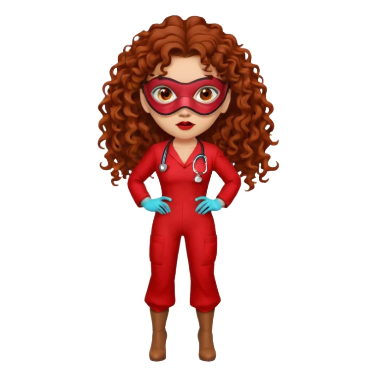 Sensual Spanish Lilith core evil surgeon.red outfit.  Surgeon has hazel eyes. Her hair is BROWN. Hair is also  long and  curly. wearing a sexy surgeon outfit with platform  heels.she is a calculated killer. She covers only her mouth and nose with mask to hide identity sticker