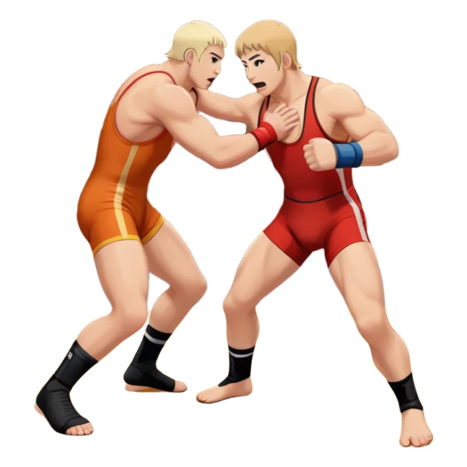 An icon showcasing two wrestlers engaged in a dynamic free wrestling match. The athletes are in mid-action, one attempting a takedown while the other defends. The background features a wrestling mat, and the fighters wear traditional singlets. Transparent background  sticker