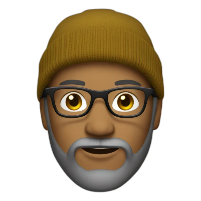 brown bearded white guy with clear framed glasses wearing yellow beanie black shirt sticker