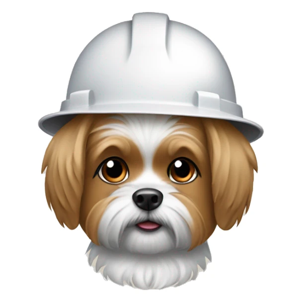 Tan Shorkie wearing white hard hat sticker