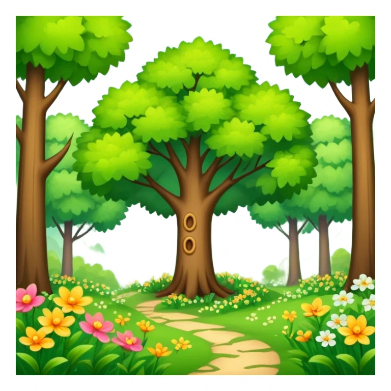 spring season in a forest with trees having fresh green leaves and blooming flowers, bright and cheerful sticker
