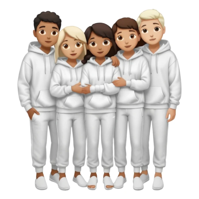 four mixed race friends all wearing white oversized hoodies, white sweatpants, and white slides huddled together hugging sticker