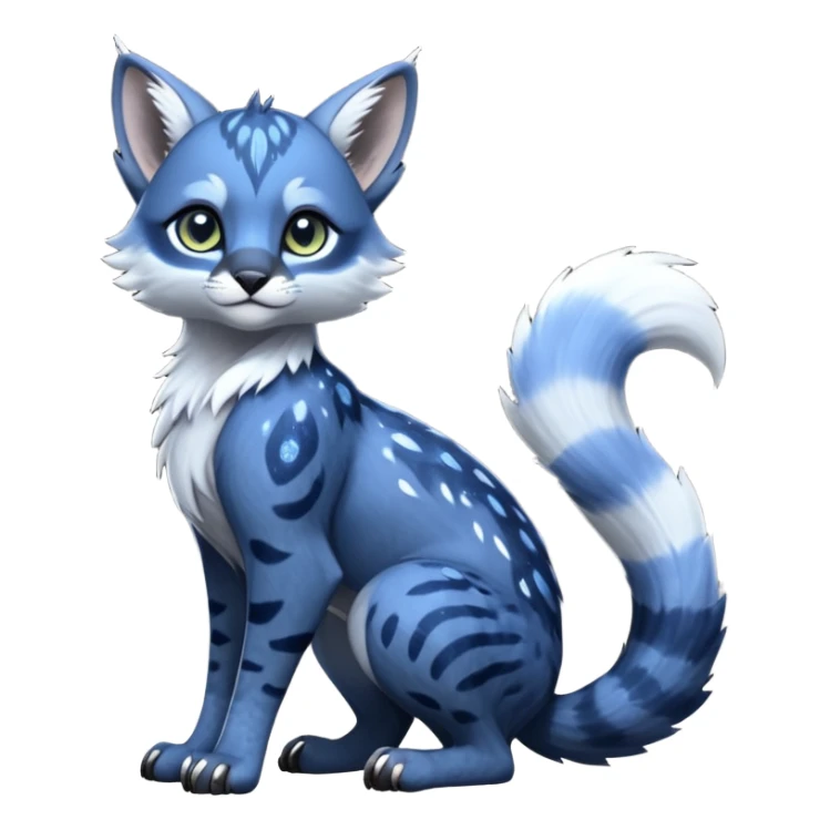 Cute kawaii cool edgy badass  glossy midnight-blue fur with silver starlight dusting fantasy-caracal-civet-genet-sergal-vernid-Gryphon-Cacomistle-Trico-oncilla-animal-Fakémon-hybrid-fursona (full body), facial markings, (realism style) sticker