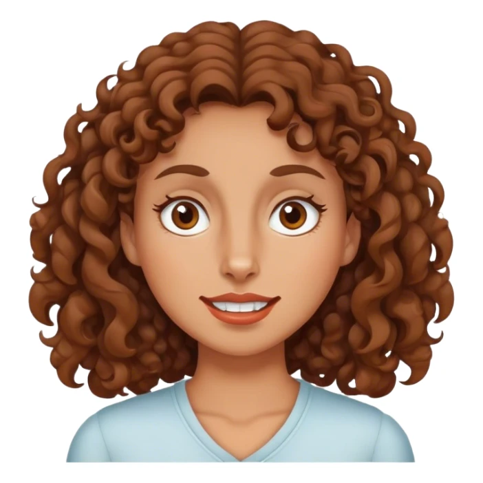 woman with medium brown curly hair and rabbit teeth with a lazy eye sticker