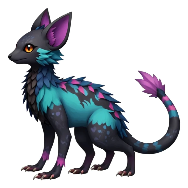 Rare realistic exotic edgy dark gothic gloomy epic pretty beautiful handsome gorgeous aesthetic colorful vibrant Vernid-Trico-species-Fakemon-creature by LiLaiRa, 4 legs, 1 tail, random markings, (full body) sticker