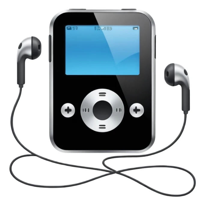 Futuristic iPod emoji with earphones, metallic black and white, smooth reflective surfaces, flat minimal vector design, clean UI style sticker