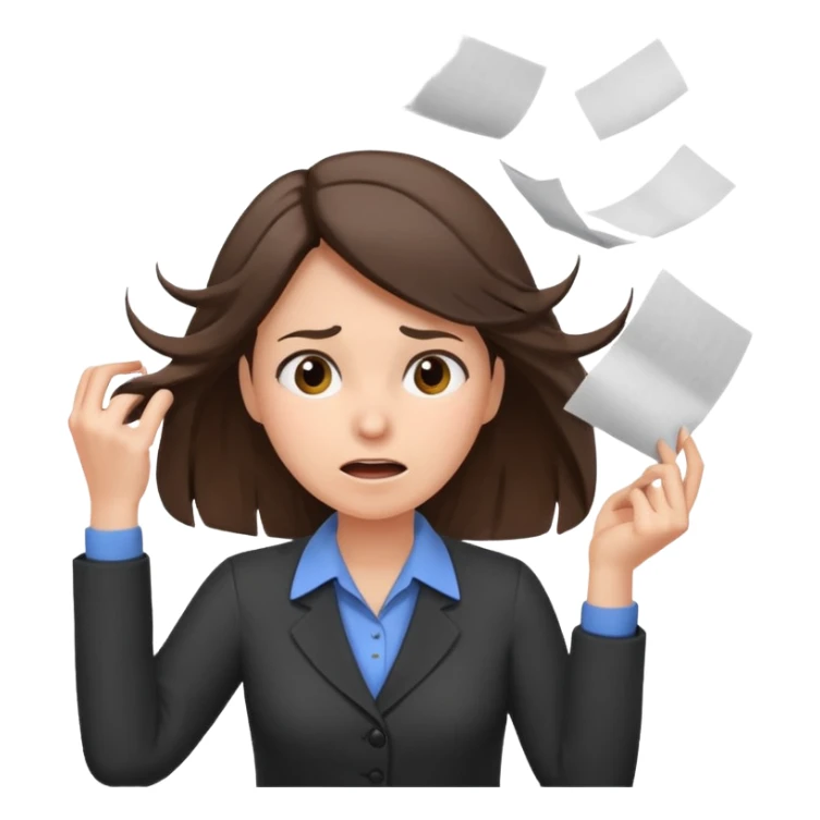 female teacher pulling her hair with stressed face, papers flying everywhere, brunette sticker