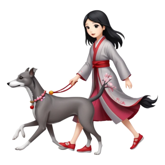 Japanese girl with flowing hair walking a solid grey greyhound with cherry blossoms in the background sticker