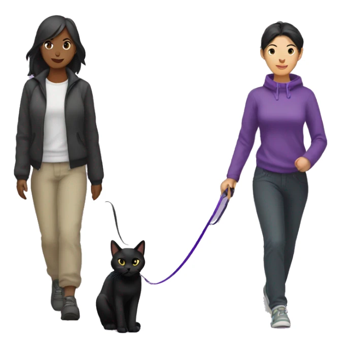 Black cat with a purple leash going for a walk with an Asian female  sticker