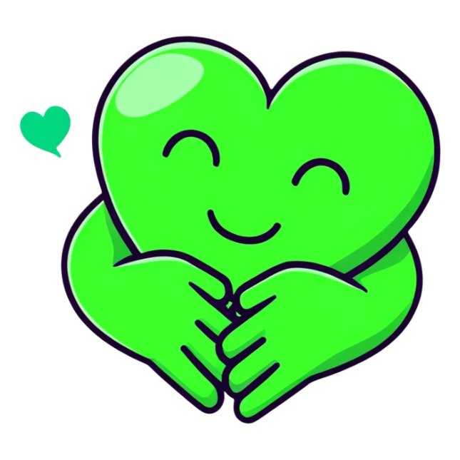 green smiley hugging a green heart sticker
