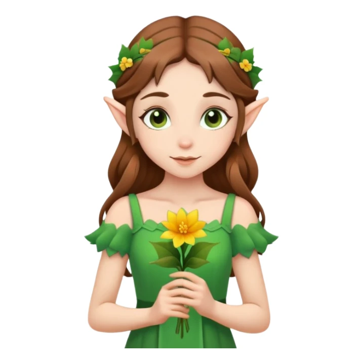 brown haired girl elf in green with a flower sticker