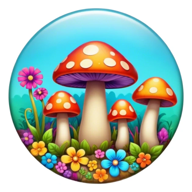 A round psychedelic colored button with bezeled edges and colorful hippie style mushrooms sticker
