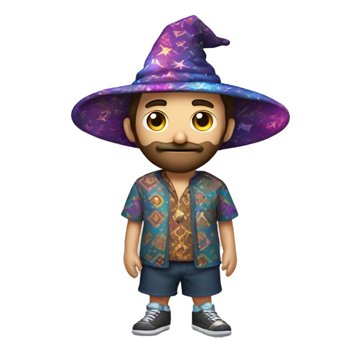 a man with short brown hair and a beard shadow wearing a wizard hat and a multi pattern psychedelic shirt and shorts sticker