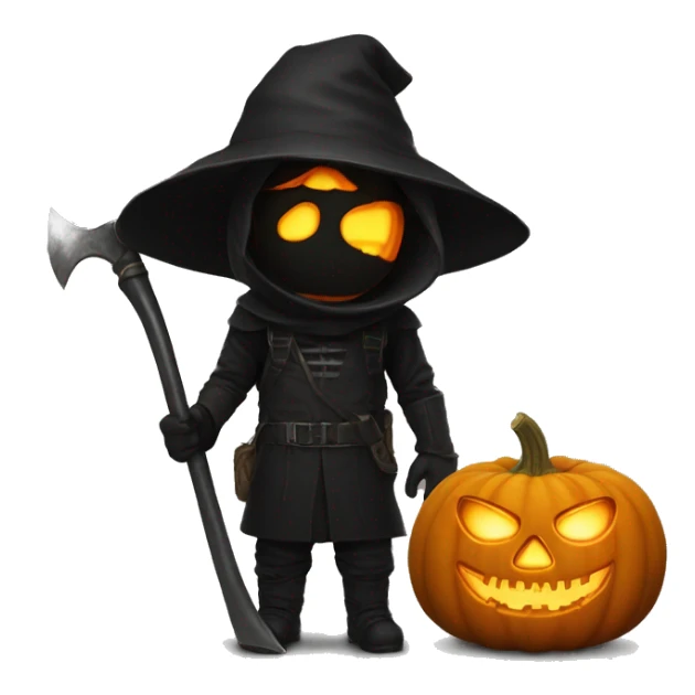 Human pumpkin hunter with a scythe, glowing pumpkin eyes inside a black helmet, Halloween theme, emoji" sticker