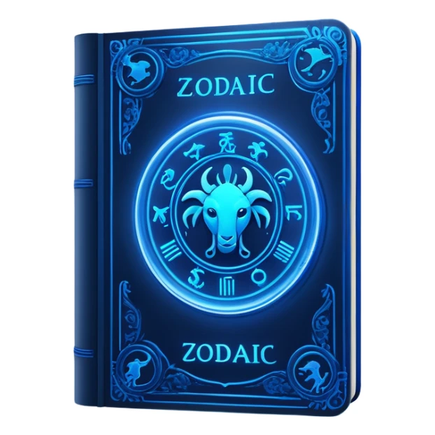 dark neon blue glass book, zodiac on the cover sticker