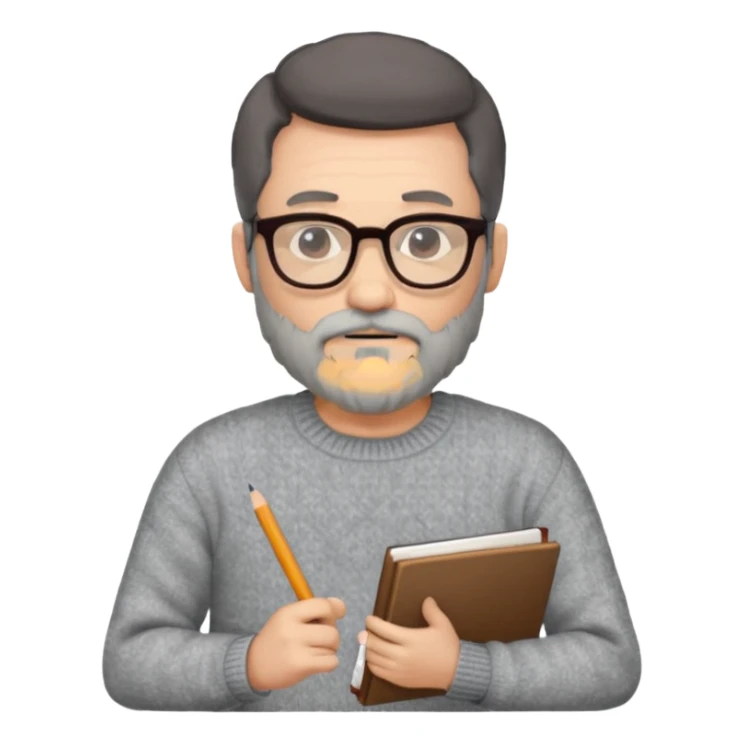 A man with a large gray beard, dark hair, and glasses, studying. sticker