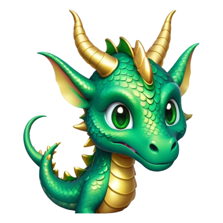 Cinematic Cute Dragon Portrait Emoji, Head tilted playfully and inquisitively, featuring a sleek, serpentine form adorned with iridescent scales that shift between emerald and gold, a delicate set of subtle horns, and round, sparkling eyes full of curious magic; rendered with realistic detail and warm natural light, high shine, affectionate and enchanting, styled with a touch of whimsical fantasy, soft glowing outline, capturing the essence of a mischievous yet lovable dragon that seems poised to slither playfully into your arms! sticker