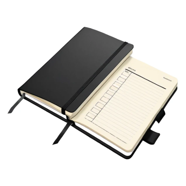 An elegant Moleskine notebook with elastic band, open to display a meeting agenda with items listed sticker