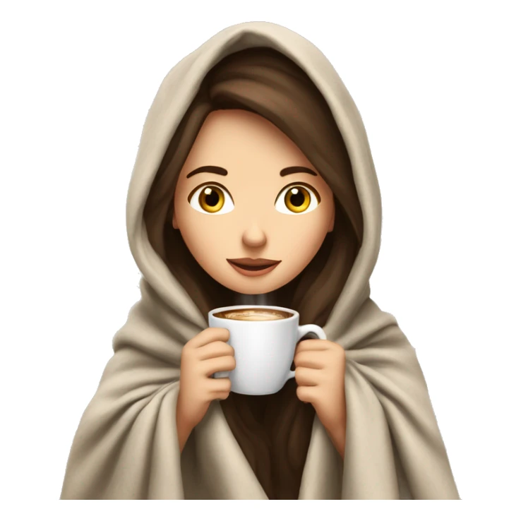 brunette white girl under blanket with coffee cup sticker