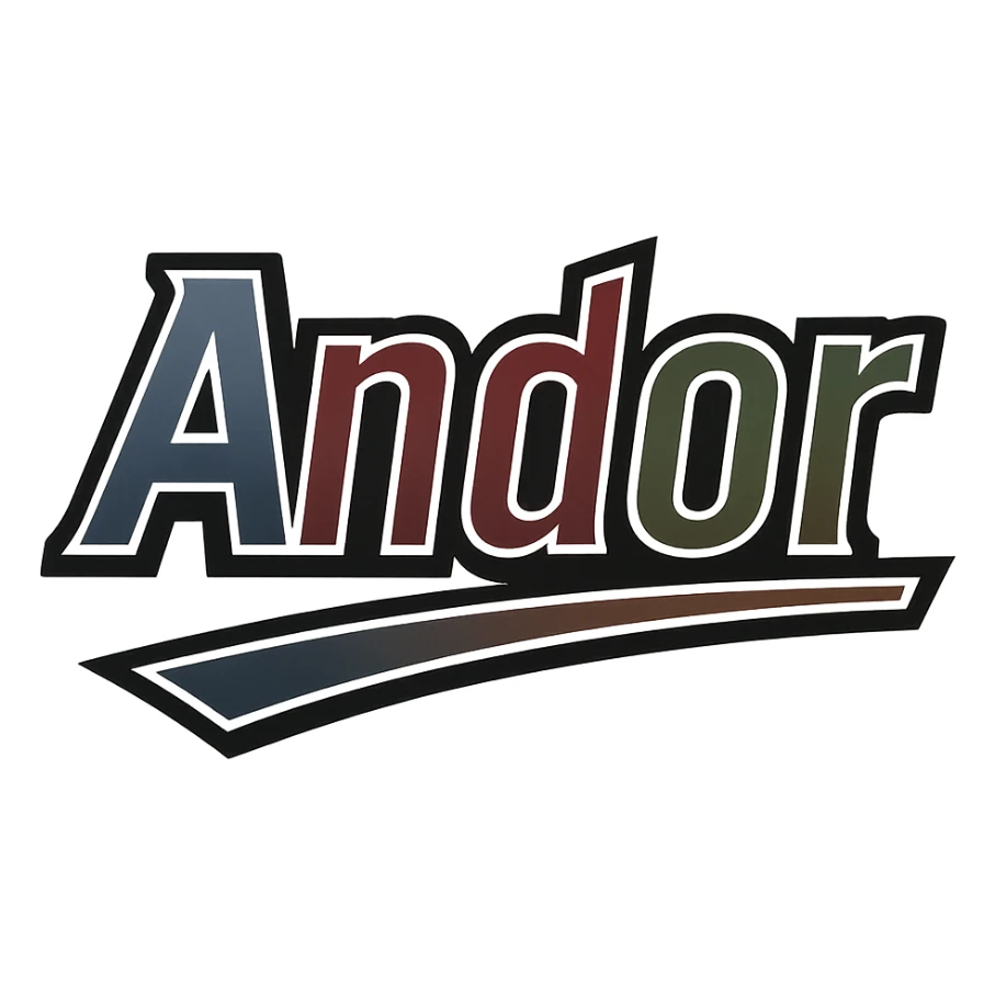 Text image of the name 'Andor' in a masculine, modern, gradient font with precise Hungarian characters, dark contour, extra thick, prominent white letter outline as in reference images, dynamic slanted underline, masculine color shades including blue, gray, burgundy, green, and brown, 1000x1000 px, PNG, transparent background. sticker