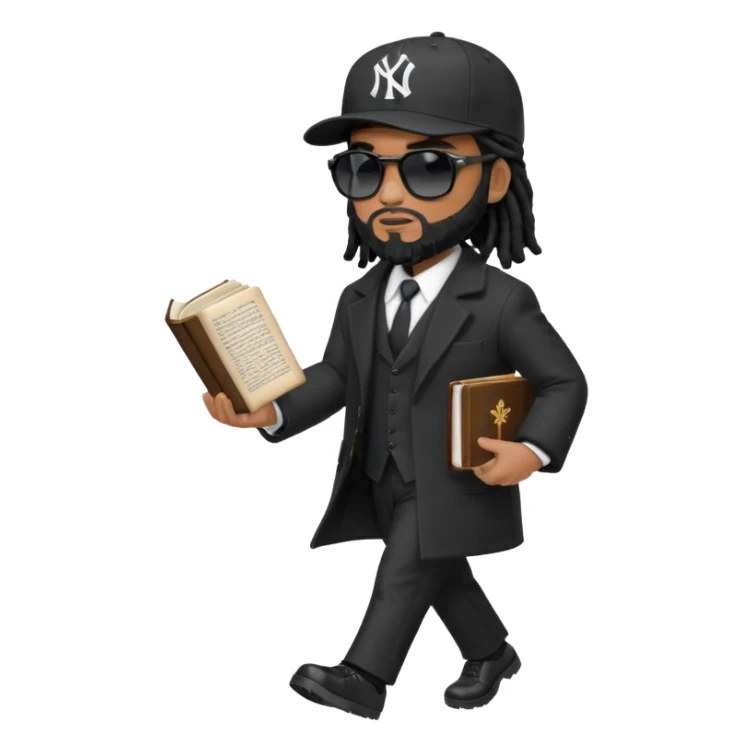 African American man with shoulder length black dreadlocks with black beard wearing black sunglasses wearing a black bubble winter coat wearing a black New York Yankees logo baseball cap wearing a suit and tie walking with a Bible in hand sticker