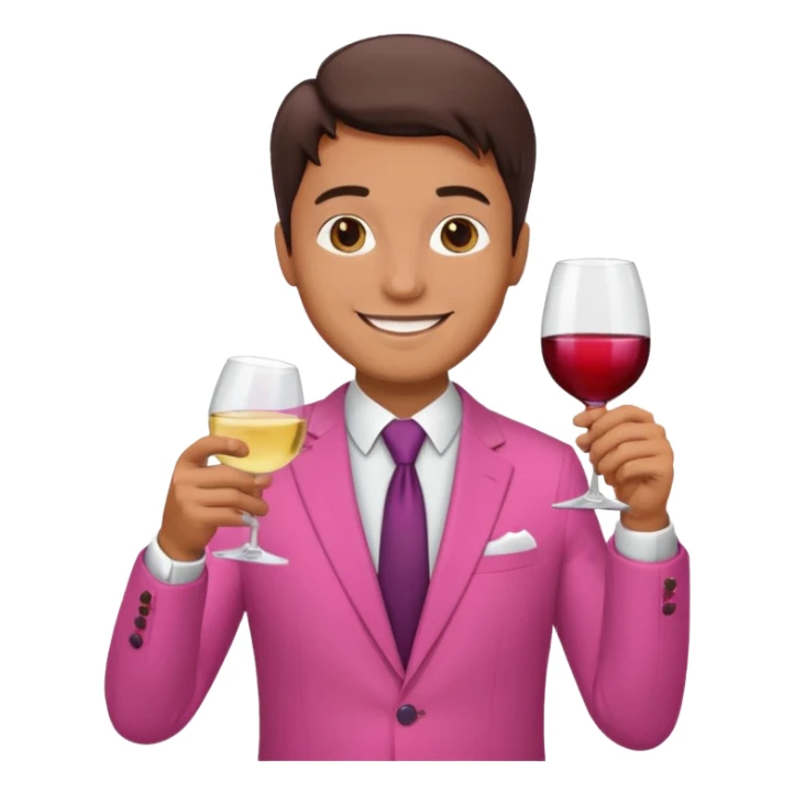 man hosting a dinner party at home wearing a pink suit sticker