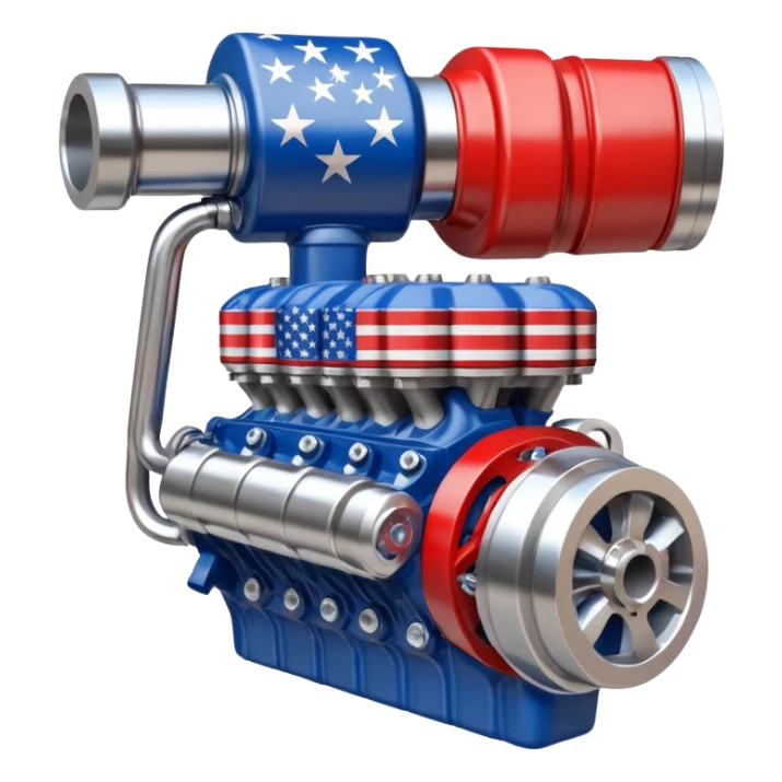Flexed muscular arm fist holding a V8 engine,  American flag stripe pattern in background,  bold red white and blue, raw mechanical power,  chrome pistons visible sticker