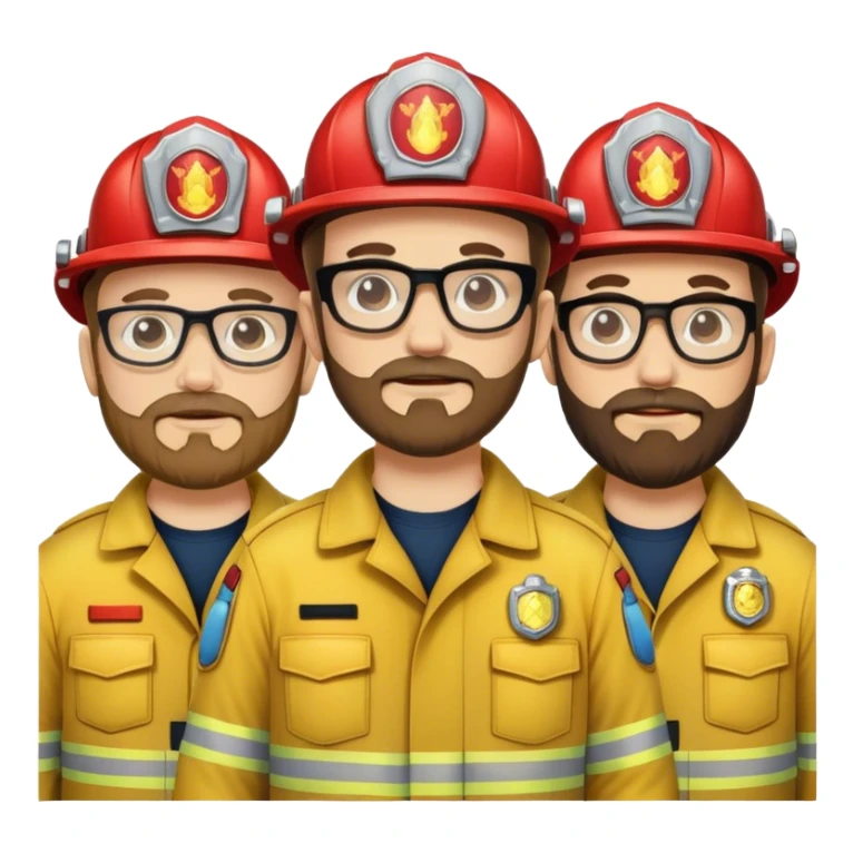 Three fireman standing together, two are bearded and all are wearing glasses sticker