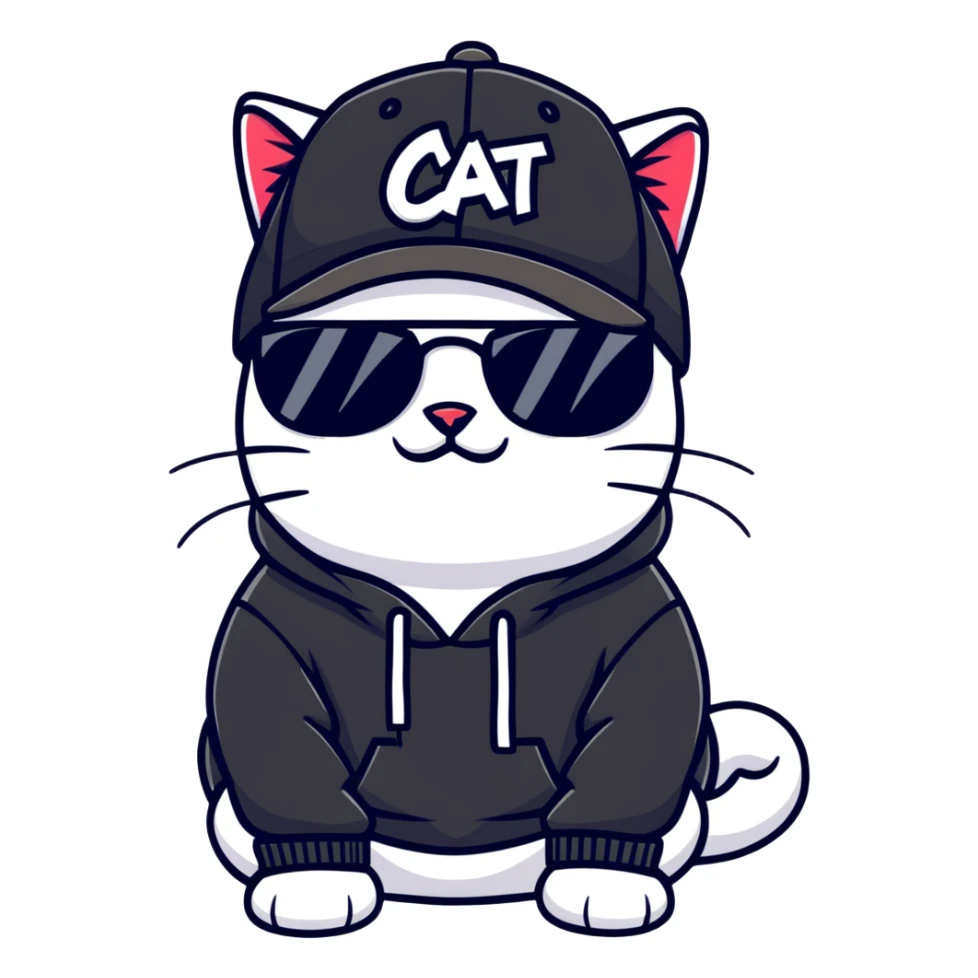 cat wearing a black snapback cap, black hoodie, and black sunglasses low on his nose that he is peering over, doing graffiti art with spray paint, street art style sticker