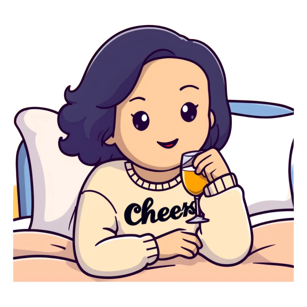 A woman with shoulder-length black hair, light to medium skin tone, full cheeks, and almond-shaped eyes, wearing a white sweater with the word 'cheers' in gold script, lying comfortably on a bed with soft lighting, joyful and radiant expression sticker