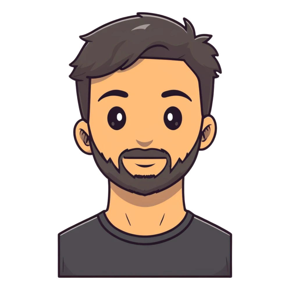 young man with wheatish skin, beard, age 24, wearing black tshirt sticker