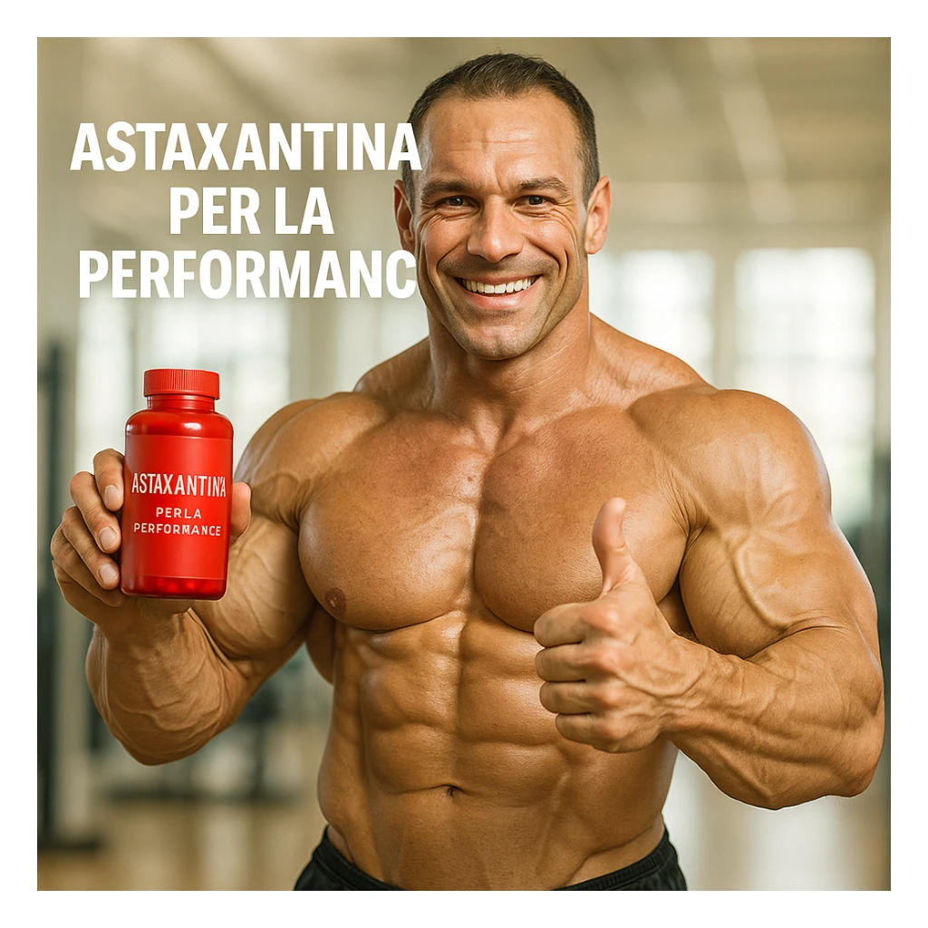 hyper realistic bodybuilder showing red bottle of astaxanthin with thumbs up, defined muscles, text 'Astaxantina per la performance', bright environment, motivational atmosphere sticker