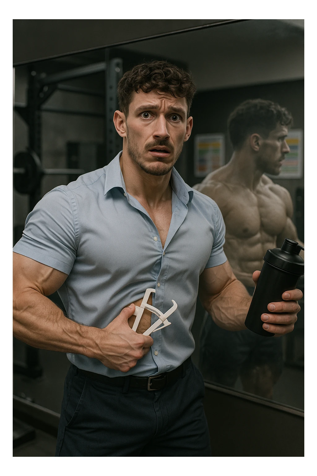a fit man in his 30s stands in front of a gym mirror, flexing his muscles with a concerned expression. In one hand, he holds a caliper measuring his body fat, while in the other, a protein shaker. Reflected in the mirror, his muscular physique appears slightly faded around the edges, symbolizing his fear of losing muscle. The background shows gym equipment and nutrition charts, emphasizing his focus on definition. sticker
