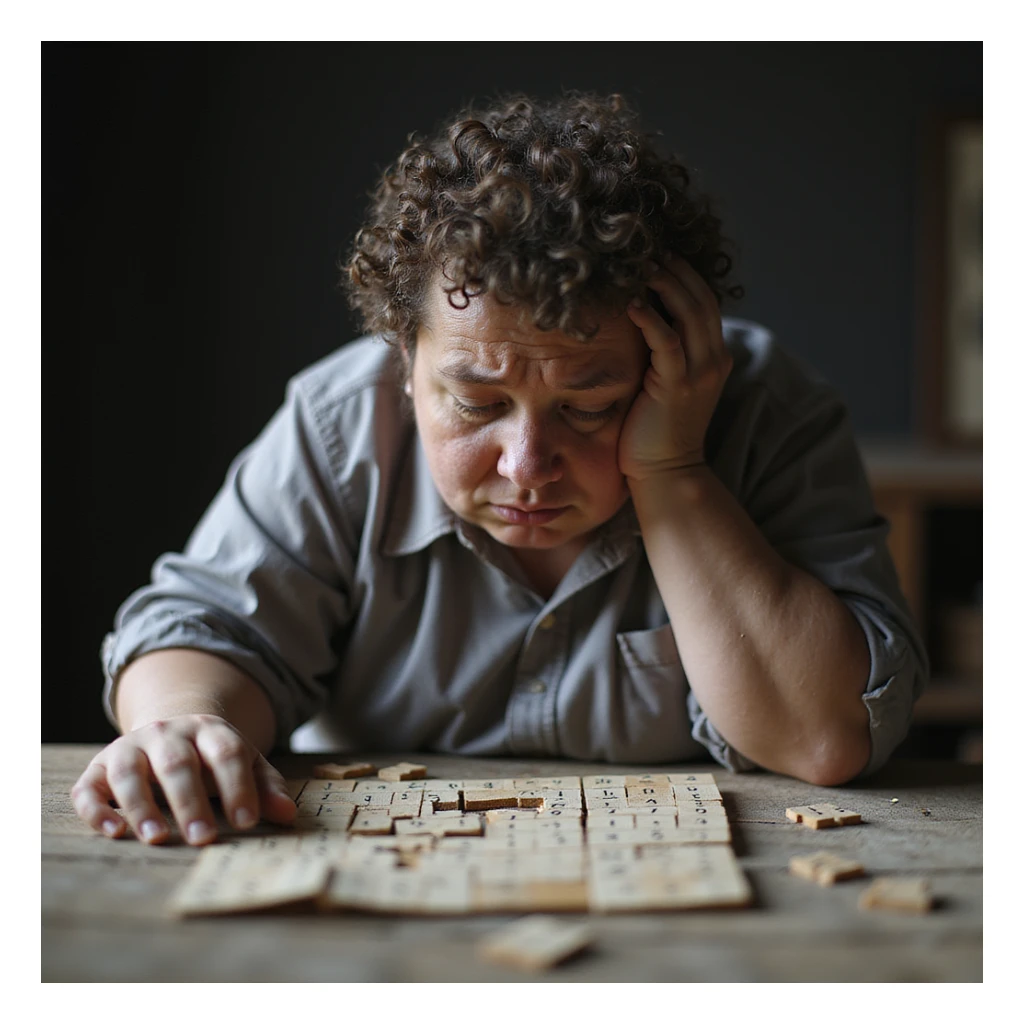 Obese person trying to solve a puzzle or sudoku, pieces not fitting or scattered, frustrated expression, hyperrealistic 4K details. sticker
