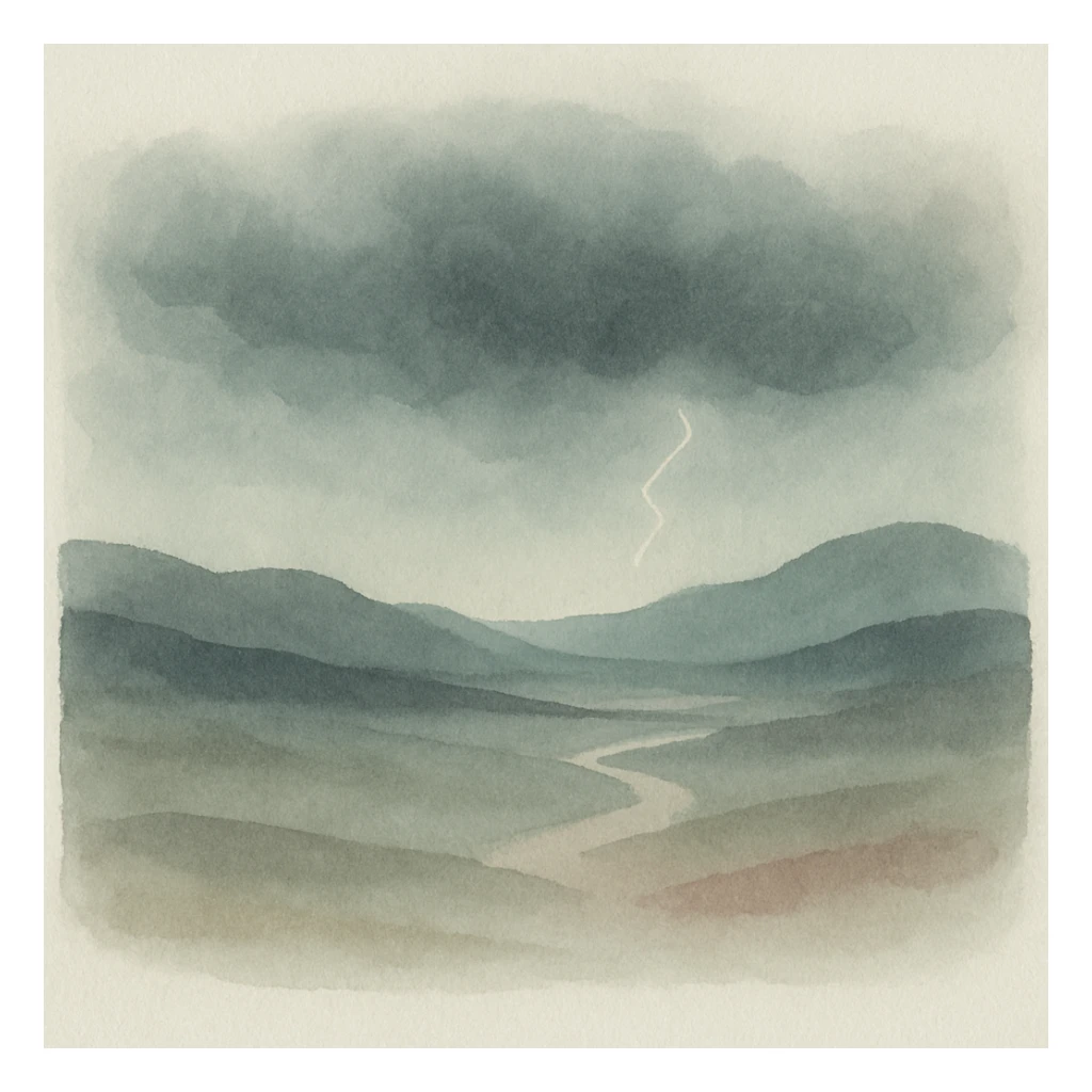 dark landscape painting, desolate valley, distant lightning, heavy clouds, expressive brushstrokes sticker