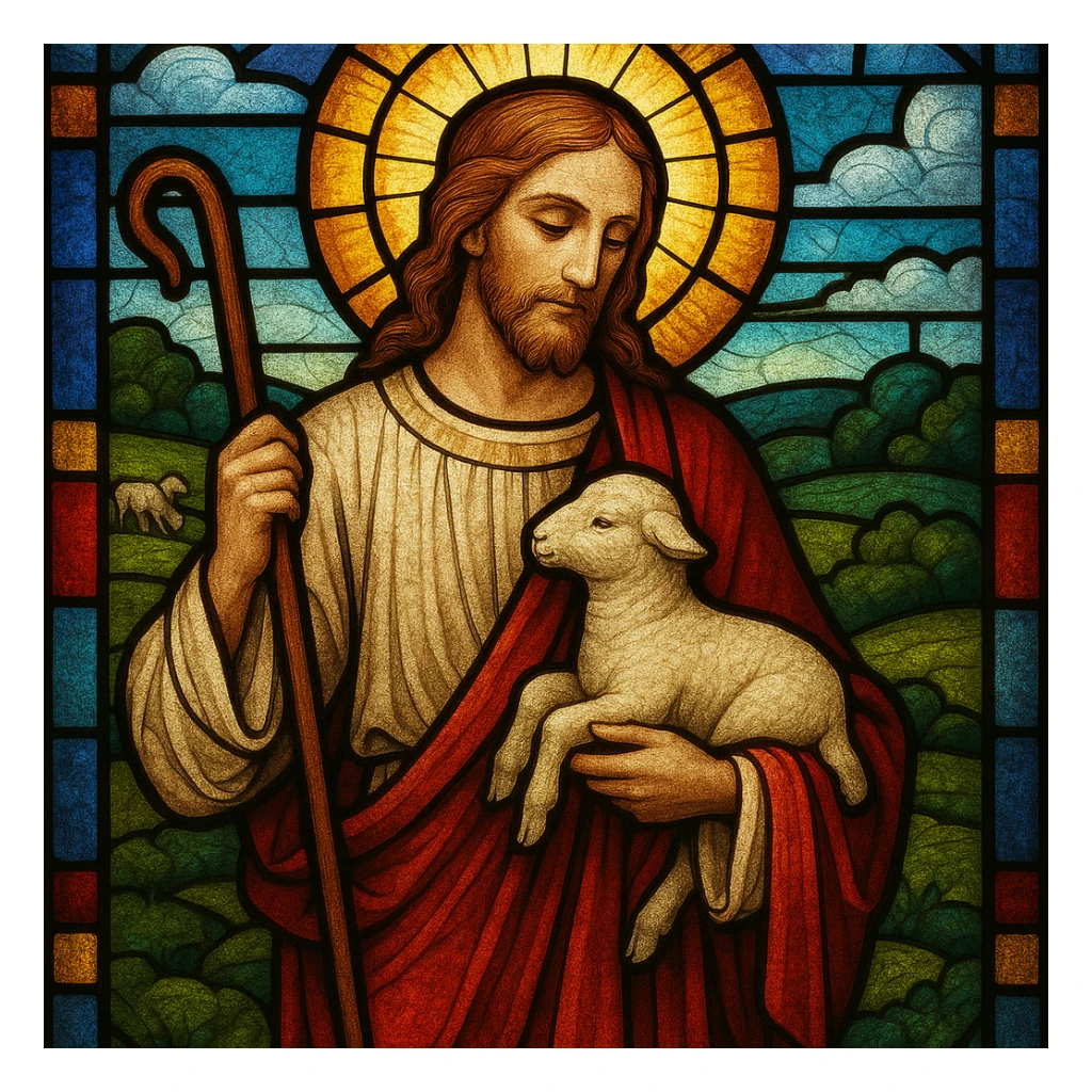 Jesus the Good Shepherd, classic stained glass look sticker