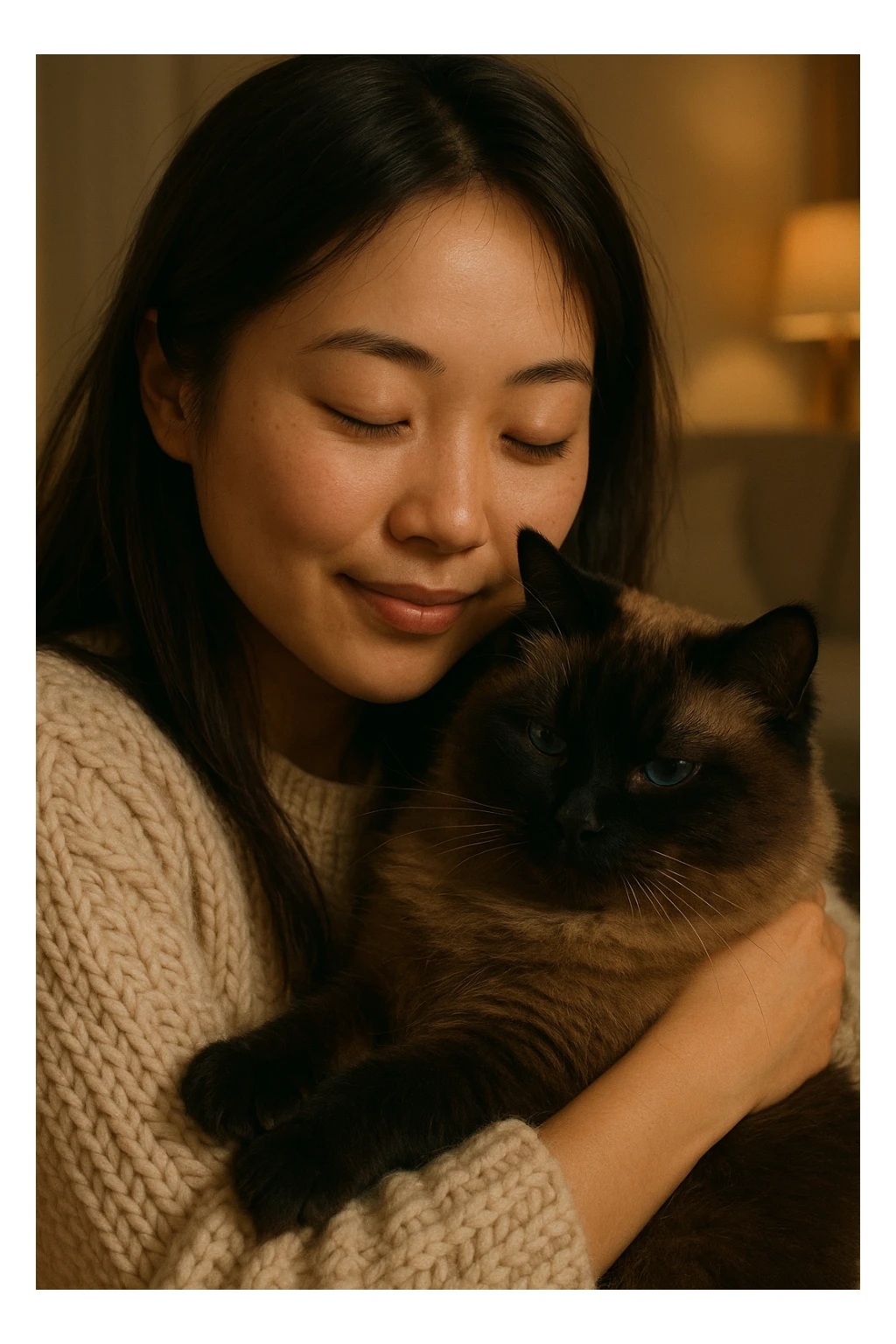 Asian girl hugging her dark fluffy Siamese cat, warm and affectionate, detailed facial expressions, cozy atmosphere sticker