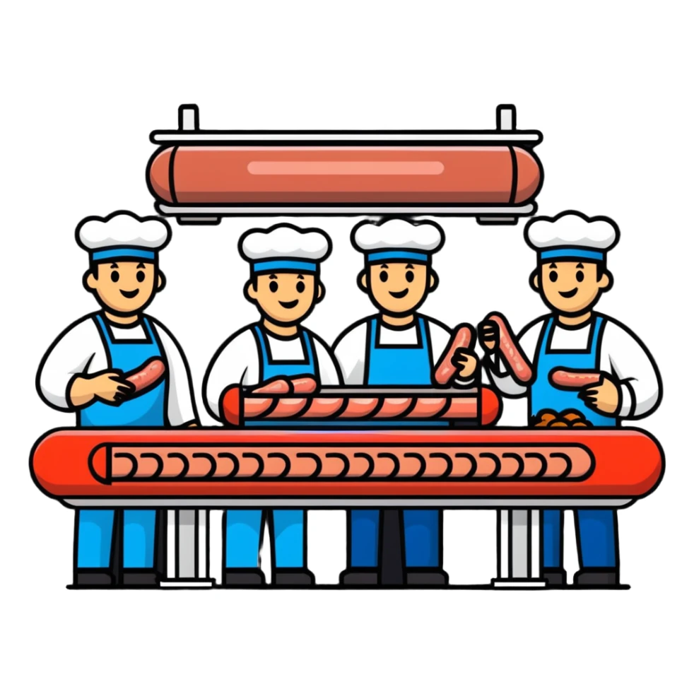 food factory making sausages with production line sticker