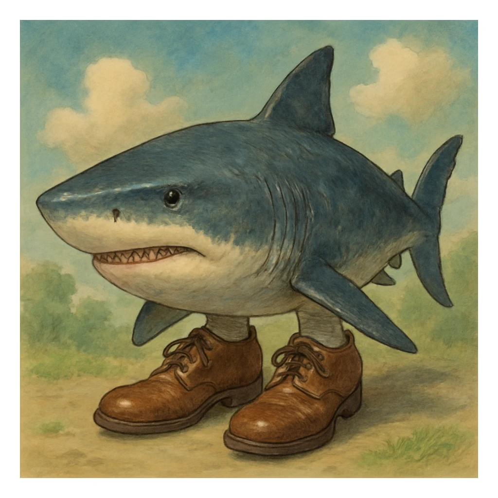 realistic shark wearing shoes, realistic ghibli art style sticker