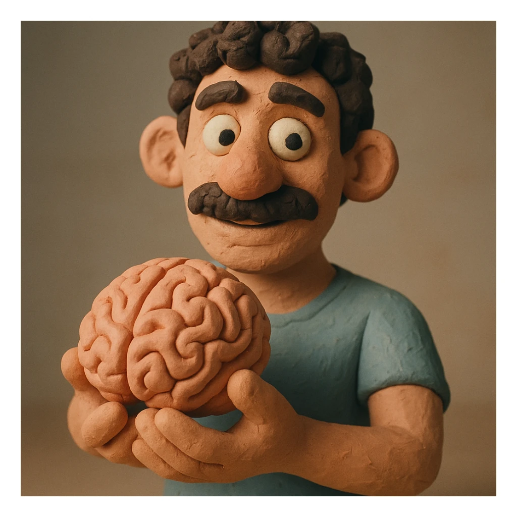 Enhance the claymation man holding a brain by adding more depth and dimension to the image. Make him more attractive and quirky, inspired by the first version, with dark curly hair, thick mustache, light skin, claymation style, visible fingerprints, and pastel colors. sticker