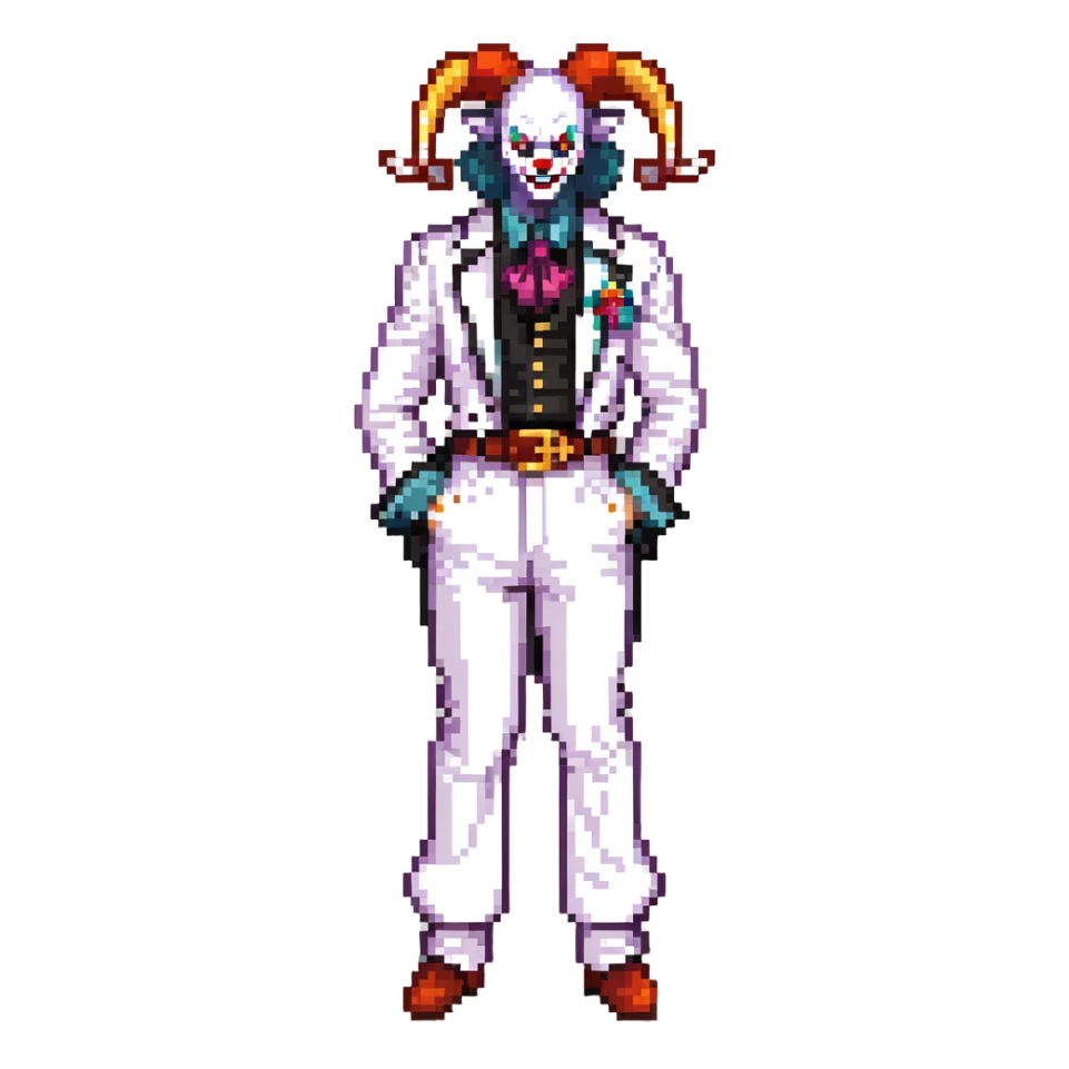 full-body demonic clown in a white leisure suit with bellbottom pants, bald, with black ram horns, flashy belt, ruffled shirt, no neck tie sticker