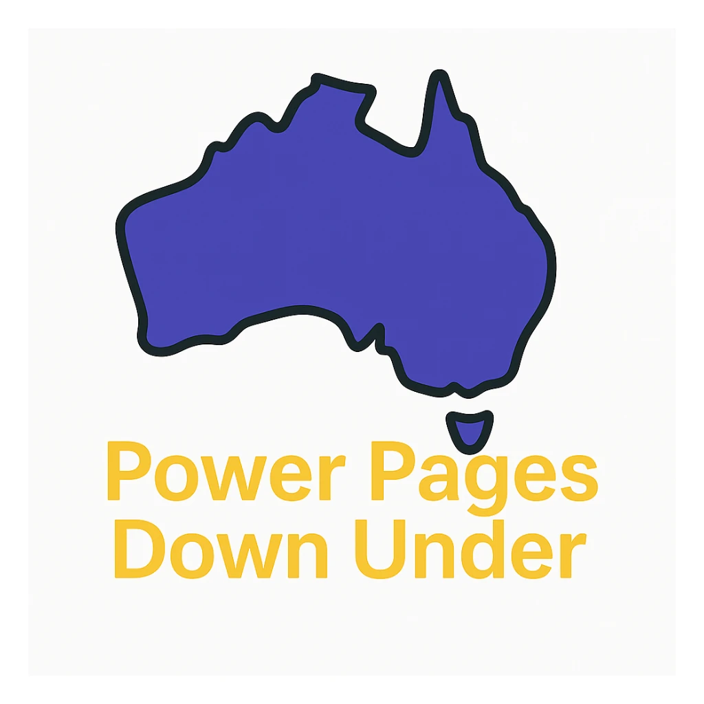 Remove the Power Pages icon. Only show the map of Australia with the text 'Power Pages Down Under' in a clean, modern font. Use #403DAD, vibrant purple, and #fff7ad as accent colors. No digital web overlay sticker