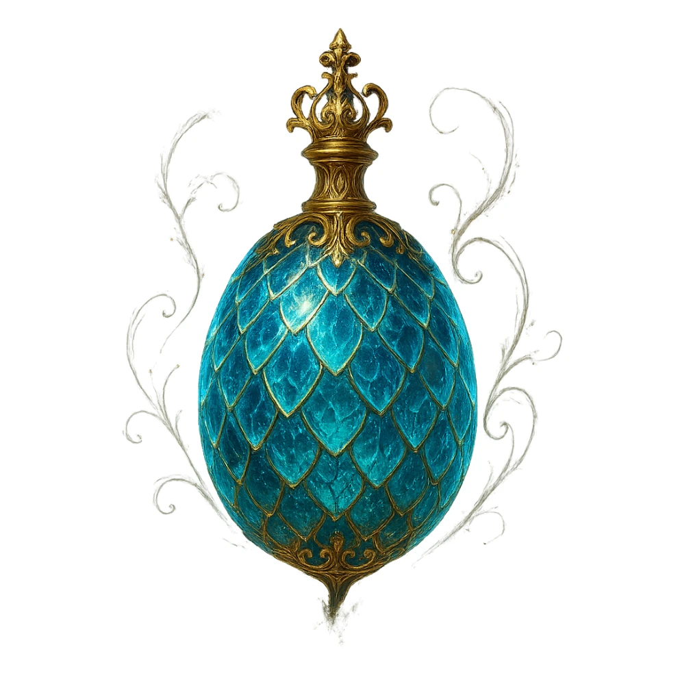 luxurious crystal elixir bottle in an oval shape resembling a dragon egg, with magical scale patterns on the surface, lots of glowing, edges, ornaments, golden details, magical effects, very small golden neck, transparent background, beautiful merging bottom, clearly floating in the air, no base or shadow, premium class impression, magical and mysterious design fitting a collection of crystal, luxurious, magical bottles sticker