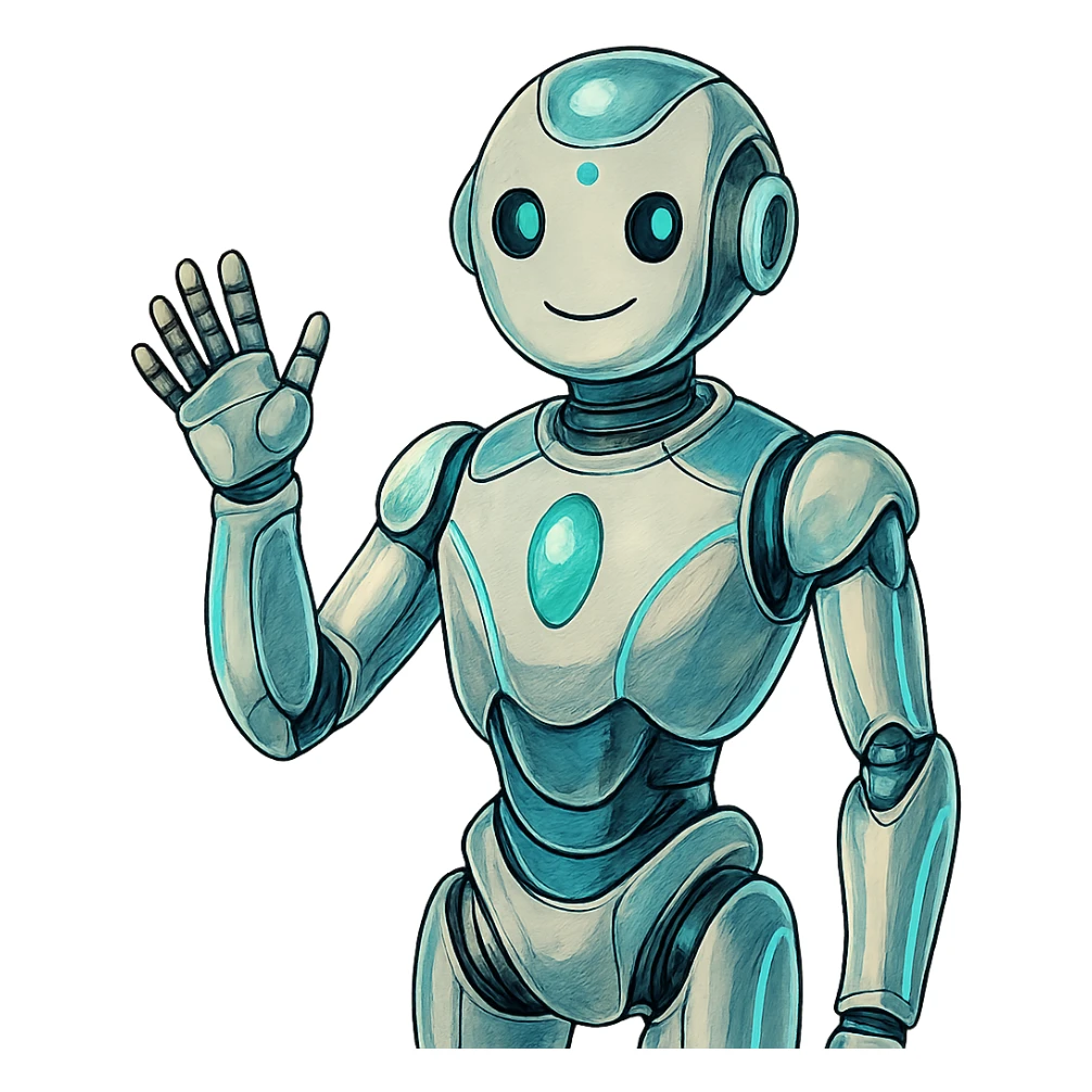 futuristic AI-Ambassador character, sleek humanoid robot with glowing blue accents, friendly expression, chrome and glass elements in ghibli style sticker