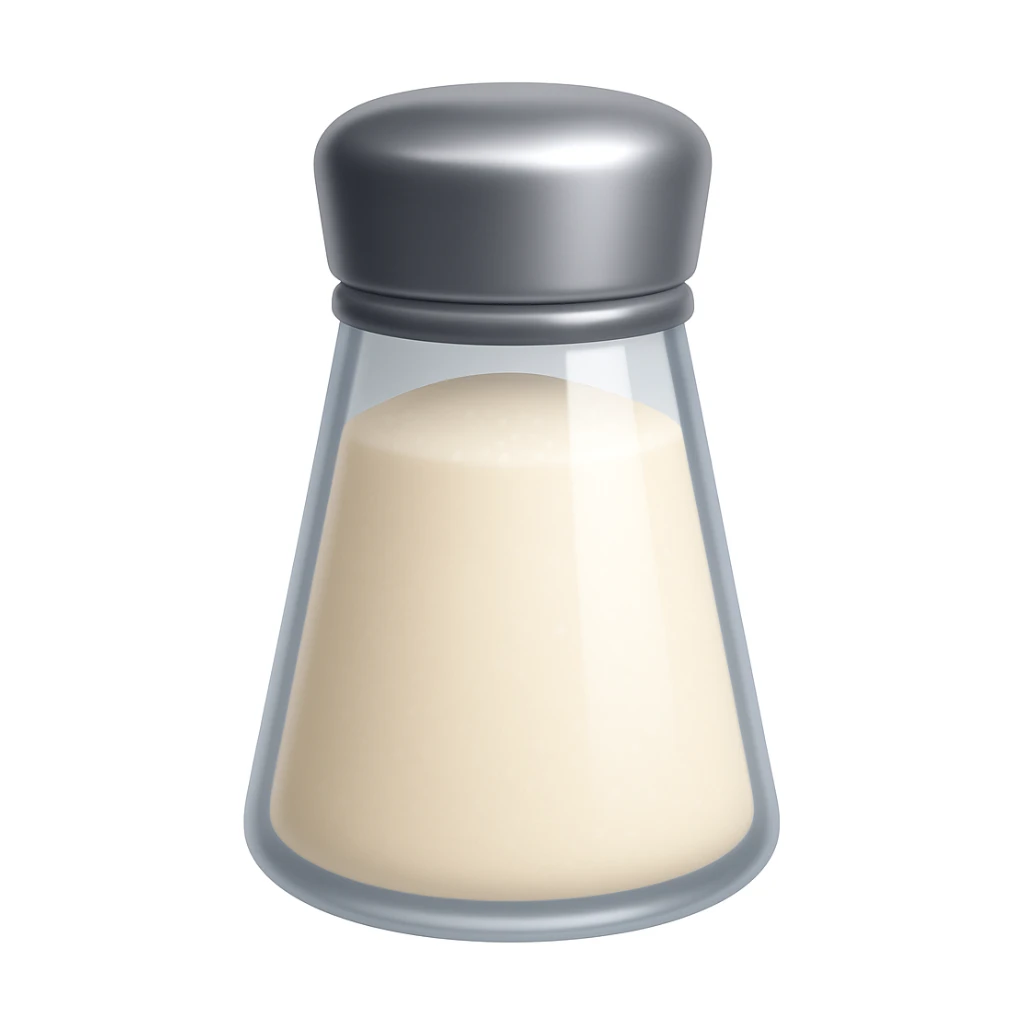 Create a salt emoji that looks exactly like the reference image in iOS emoji style. The emoji should be 3D with shiny, smooth gradients, soft shadows, and a realistic salt shaker shape with a metallic lid. No face on the shaker. Add a subtle highlight to the glass. sticker