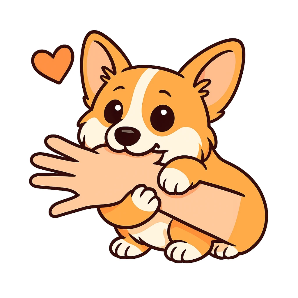 изобразить моего корги, сохранив внешность и телосложение в позе и эмоции как на первом референсе sticker